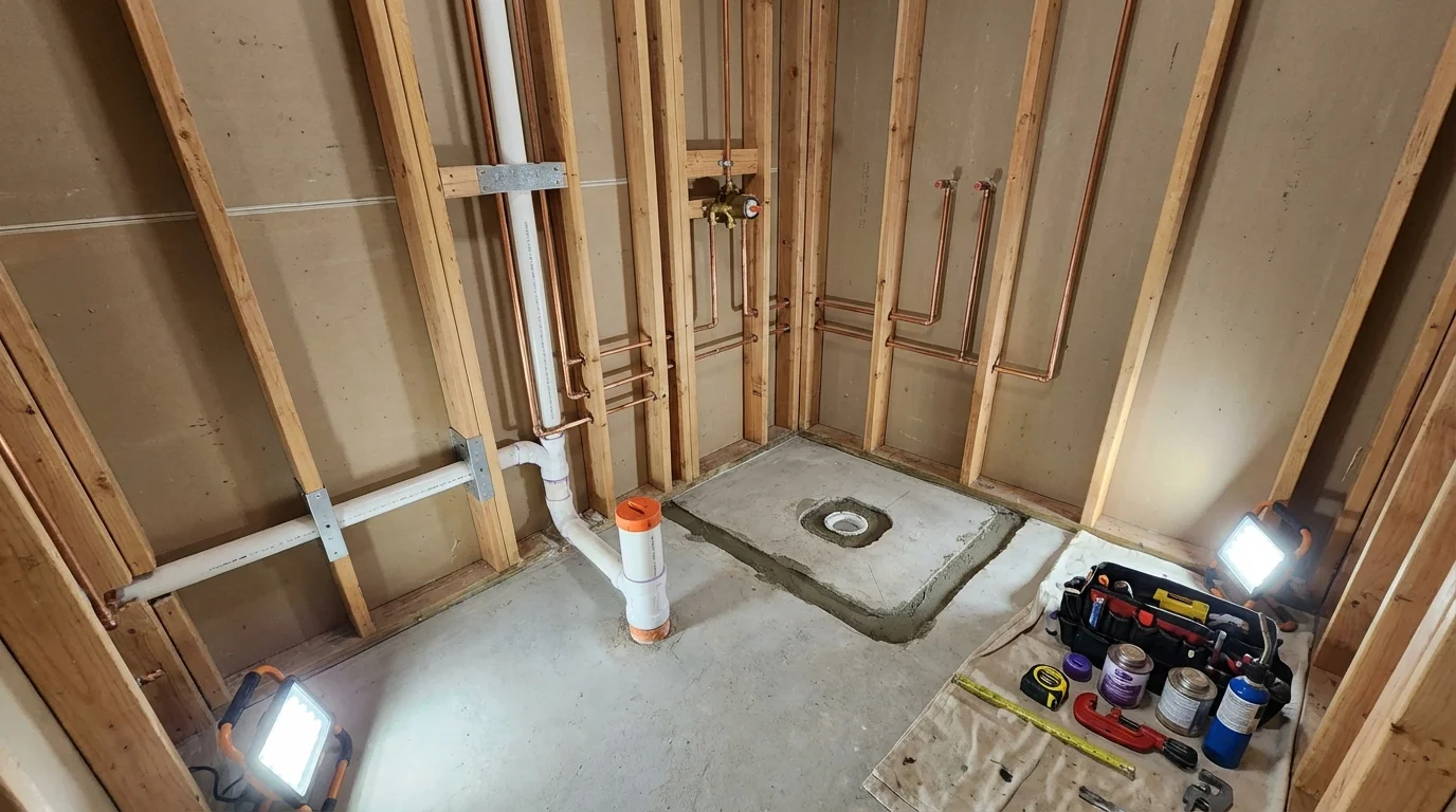 Bathroom rough-in plumbing during remodel by Johns Plumbing LLC in Babson Park