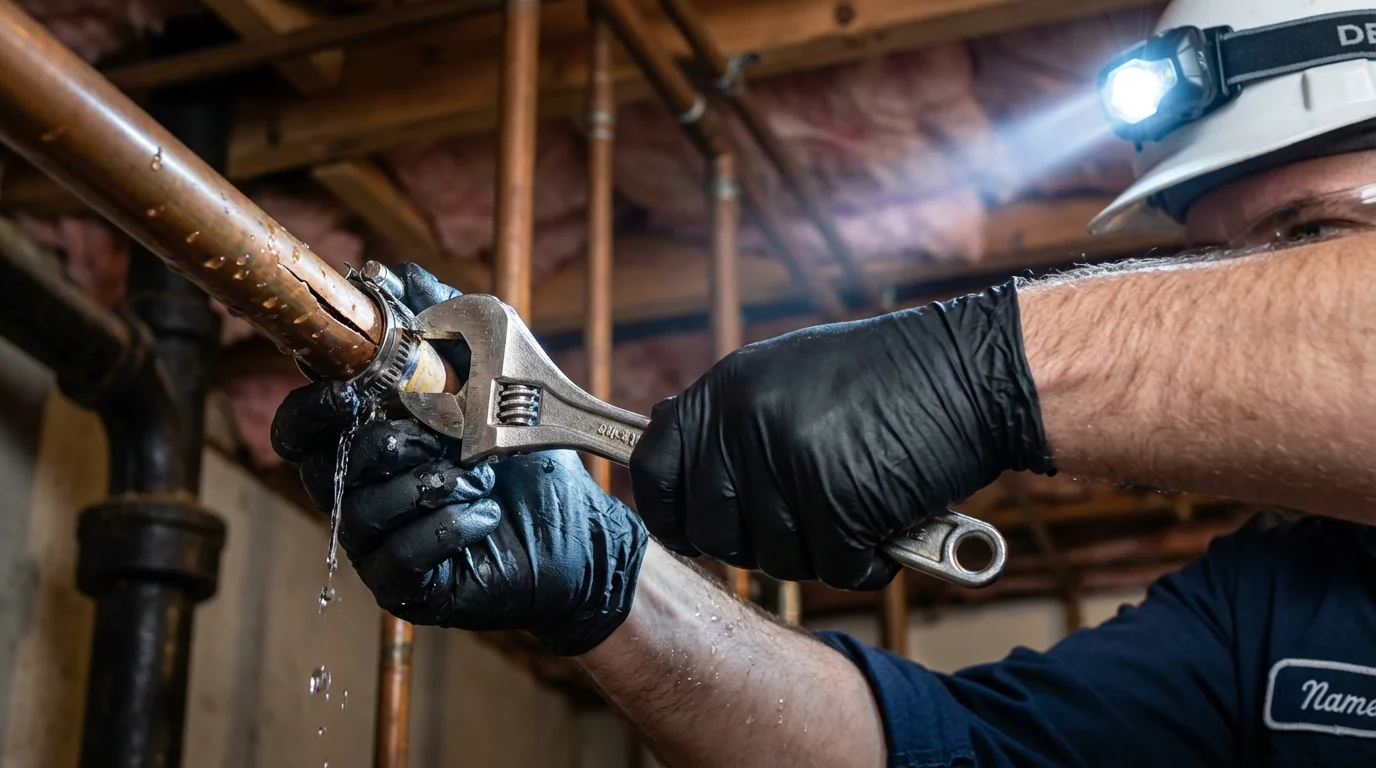 Emergency pipe clamp repair being performed by a Johns Plumbing LLC plumber in Babson Park