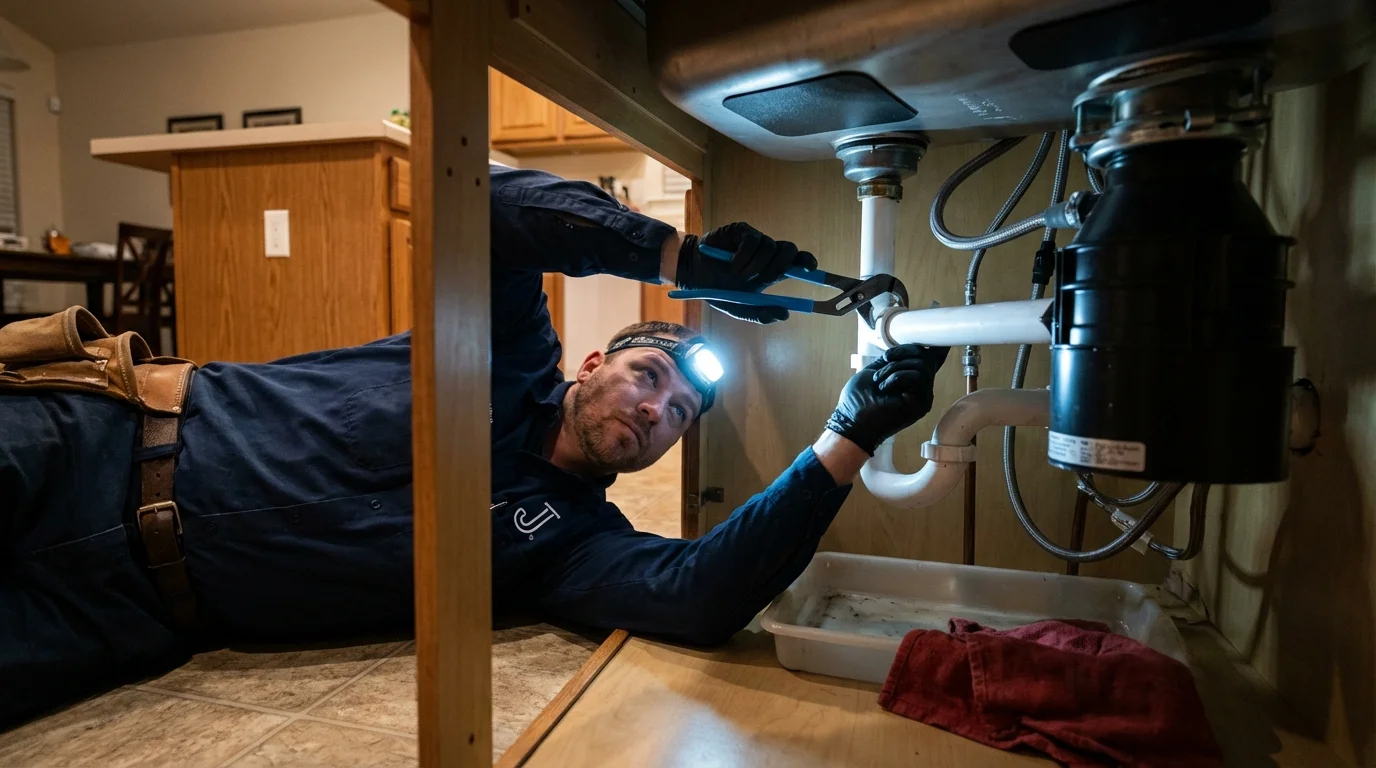 P-trap and supply line connections under a kitchen sink showing a common leak point in Babson Park, FL